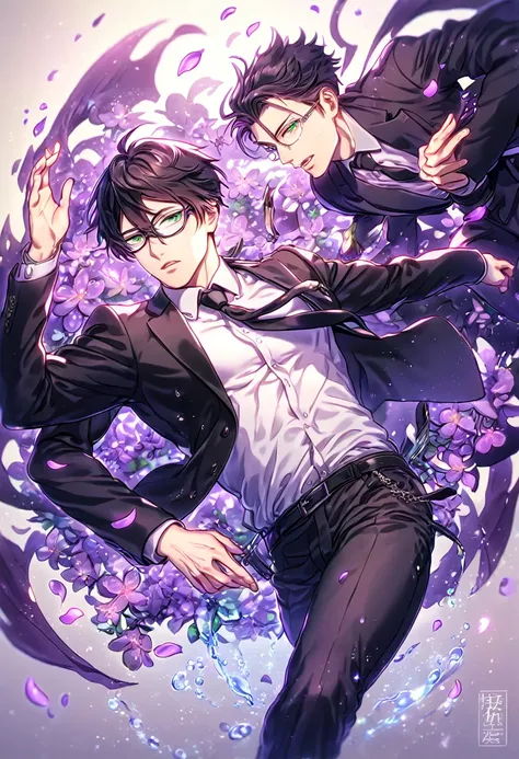 Ultra detailed, HDR, Highres, absurdres, master piece, Ginoza Nobuchika, black hair, expressive green eyes, glasses, black jacket, black necktie, white shirt, black pants, Psycho Pass, sexy man, handsome, purple flowers, petals, fantasy, magical, purple le...