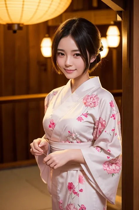 "A beautiful young woman with short hair, wearing an elegant yukata adorned with delicate floral patterns. She stands gracefully under a lantern-lit path at a traditional Japanese festival. The soft glow of the lanterns highlights her serene smile and the ...