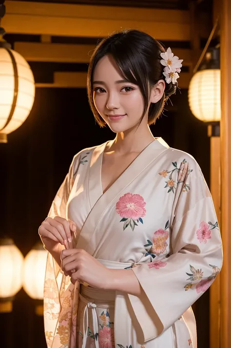 "A beautiful young woman with short hair, wearing an elegant yukata adorned with delicate floral patterns. She stands gracefully under a lantern-lit path at a traditional Japanese festival. The soft glow of the lanterns highlights her serene smile and the ...