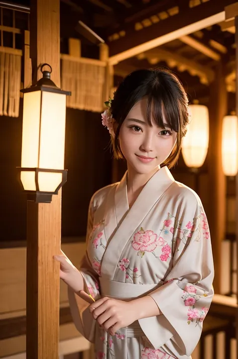 "A beautiful young woman with short hair, wearing an elegant yukata adorned with delicate floral patterns. She stands gracefully under a lantern-lit path at a traditional Japanese festival. The soft glow of the lanterns highlights her serene smile and the ...