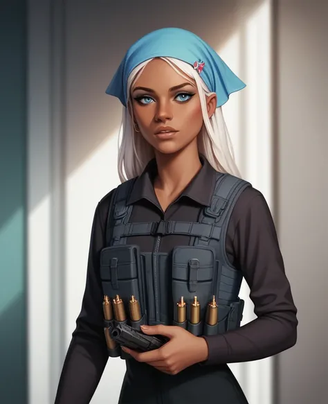 ((best quality)), ((masterpiece)), (detailed), 1girl, mixed race girl, African American + Caucasian girl with lighter skin, young woman, pretty, skinny, white hair, modern attire, modest, head scarf, long hair, hair tied in the back, bullet proof vest, tac...