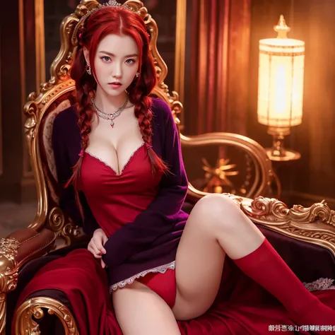 Red hair princess with braid on the side of her hair , with fierce eyes ,  red eye in short dark purple princess dress, showing very sexy panties. Long dark socks, sitting on a throne. Hottie with big breasts.  