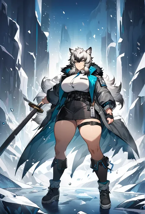 SilverAsh(Arknights),grey hair,animal ears,curvy body,wearing general suit(slightly shattered), wielding big katana(one only), big breast,big thighs,icy background,midnight setting.