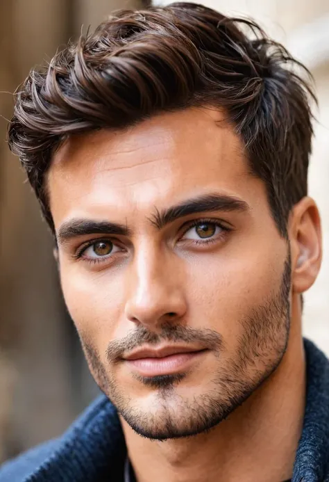 perfect italian man, Short hairstyles , eyes browns, focus on the character&#39;s face, blue wall background
