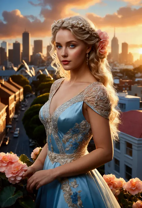 Masterpiece, Hyper realistic, Full body image of a Kinkade-inspired Australian Sydney cityscape at sunset, intricately detailed vintage-braided blonde super beautiful woman with begonias in her hair, pale blue eyes reflecting the sunset cityscape, perfect ...