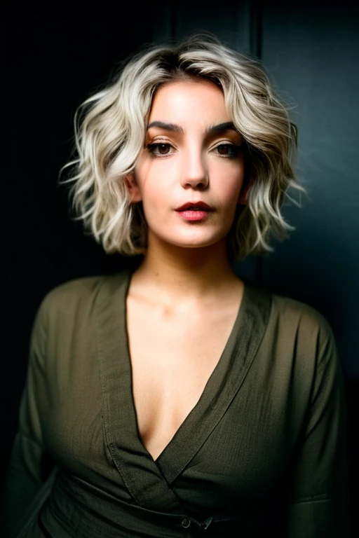 Beautiful young 22 yrs woman, (Mid-range, editorial photograph), [[wide angle photo]], (background inside dark, moody, private study:1.3), full body portrait, by lee jeffries, nikon d850, film stock photograph, 4 kodak portra 400, camera f1.6 lens, rich co...