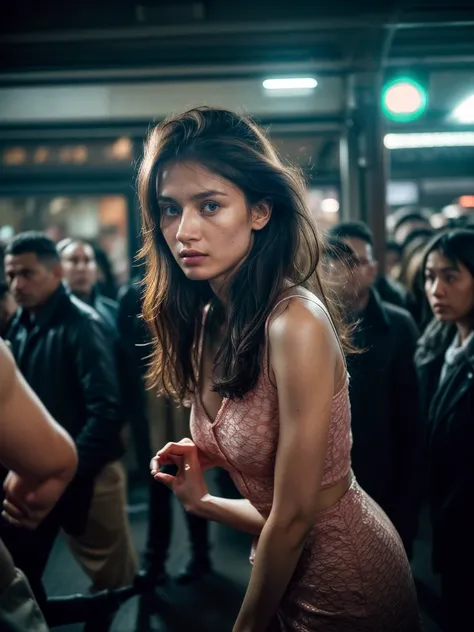 (Full shot:1.2), (best quality:1.4), 1girl, kazakh, cute face, pink lace tanktop with short skirt, surrounded by very close crowded in the subway station stairs, (emotional posing:1.3), wavy hair, bangs, (hair blowing in the wind:1.2), (dramatic moment:1.3...