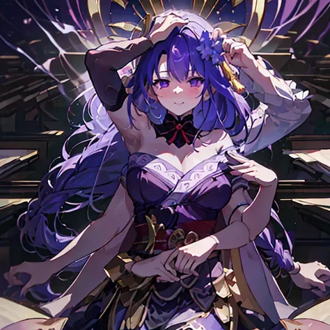 [[[[[[[[Kazu, is 109]]]]]]]], (Masterpiece, best quality), best resolution, (3 heads:1.5), 1 girl, Raiden Shogun Character, purple hair, purple eyes, long_hair, purple_hair, smooth, purple_eyes, chest, hair_decorations, big_chest, braid, rift, hair_flower,...