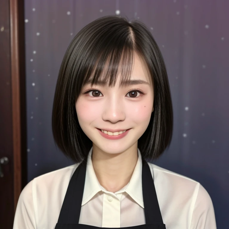 (kawaii 18 year-old Japanese girl, Nogizaka idol, Korean idol, highschool student), healthy female athlete body, (glossy black hair, short hair, pixie cut, bangs:1.3), (rounded face, pure black eyes, single eyelid, no makeup, best smiling:1.2), (collared s...