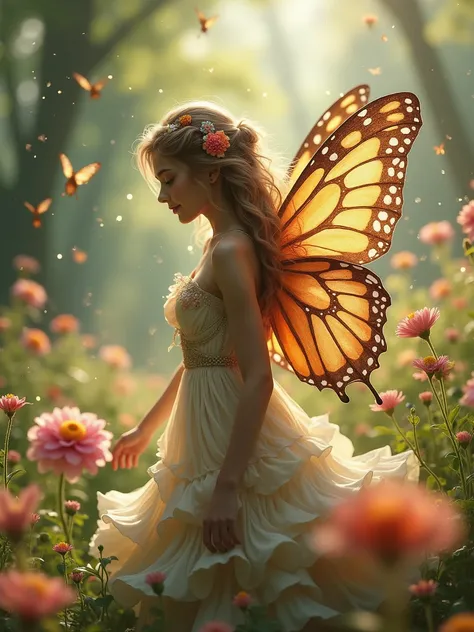 araffe fairy with butterfly wings walking through a field of flowers