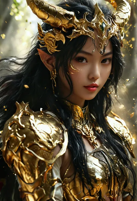 Gold Saint，A beautiful Asian sexy cute female warrior，flowing long black hair，big eyes、High nose bridge、one person、Dynamic Angle、Head high、170 height、a smile，Slender and beautiful female hands，Wearing a gorgeous crown with an exquisite goat shape，Goat Gold...