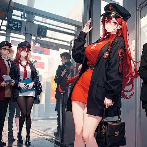 1girl, Single, Red poetry, Red eyes,Huge and very large breasts, Twintel, Employee uniform, pencil skirt, Skull print, Navy Cap, Orange Sky,, in the fresh air, Train station, Standing in front of the bus,, 