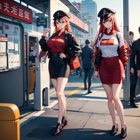 1girl, Single, Red poetry, Red eyes,Huge and very large breasts, Twintel, Employee uniform, pencil skirt, Skull print, Navy Cap, Orange Sky,, in the fresh air, Train station, Standing in front of the bus,, 