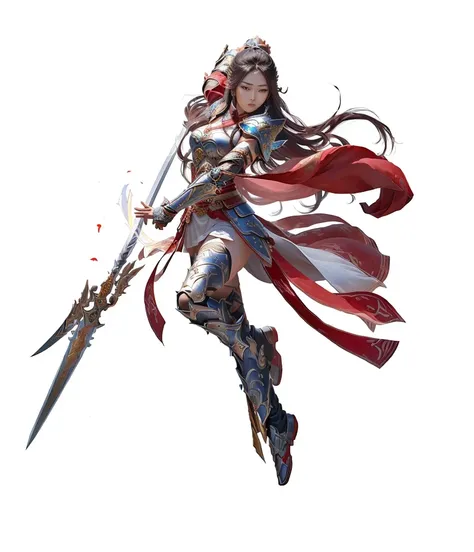 Three Kingdoms woman flying in the air with sword and armor, author：Yang J, Epic and beautiful character art, The gorgeous Korean long-handled weapon behind her, xianxia hero, Lady in red armor, Inspired by Ju Lian, Katana Zero Video Game Character, Female...