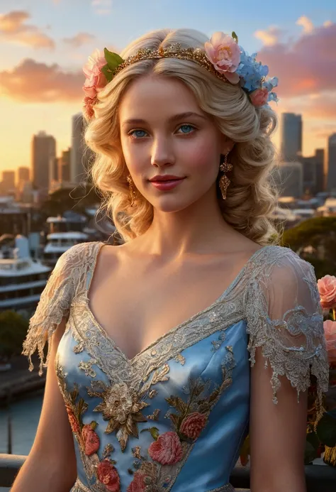 Masterpiece, Hyper realistic, Full body image of a Kinkade-inspired Australian Sydney cityscape at sunset, intricately detailed vintage-braided blonde super beautiful woman with begonias in her hair, pale blue eyes reflecting the sunset cityscape, perfect ...