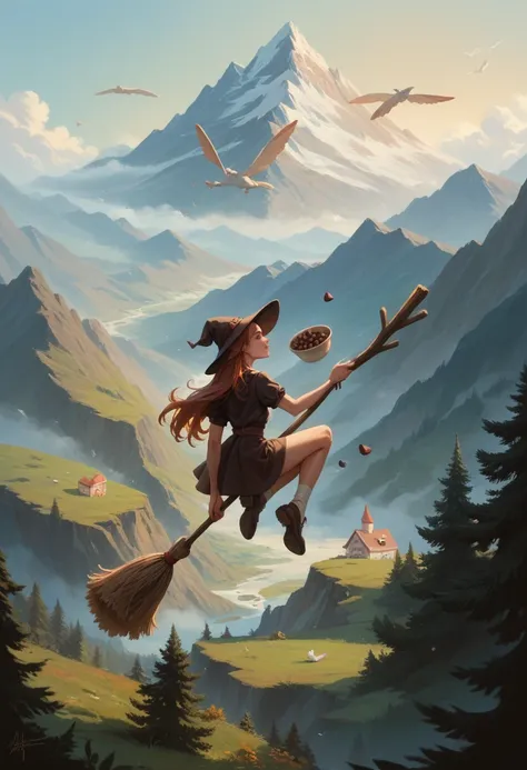 The image of a beautiful, mischievous witch, 
flying on a broomstick through a pastry shop surrounded by mountains of chocolate and marshmallows