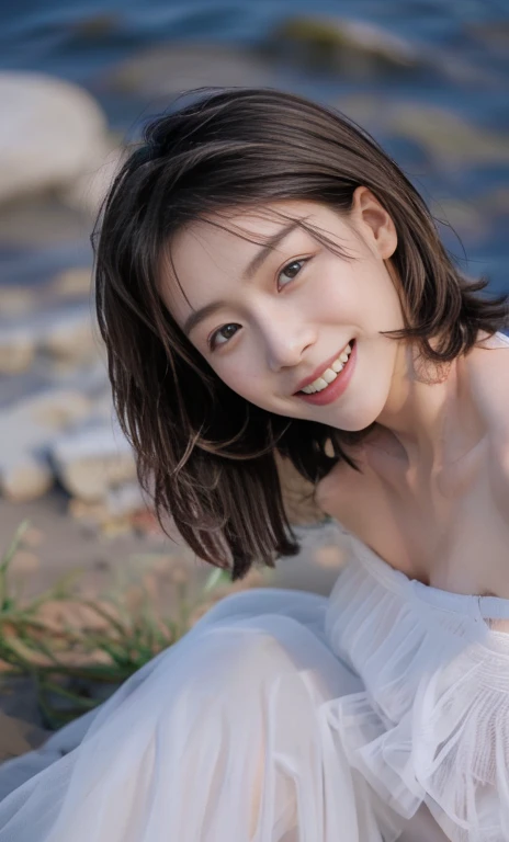 (a gorgeous korean lady, age 20s, wearing a wet white high neck t-shirt, pleated skirt, posing naturally at a windy beach, (beach by the sea:1.2),

 Joyful expression, kind smile, dimpled cheeks, short ponytail, short bob hair, cute snaggleteeth, ample rou...