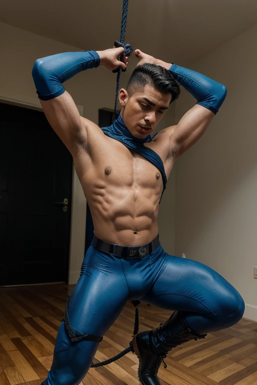 bondage and BSDM style, a handsome young Latino, military cut hair, shirtless, marked abdomen, 28 years old, full body, dressed in blue lycra pants, black riding boots, is suffering strangulation, directly with a rope, by the neck, performed by Batman, an ...