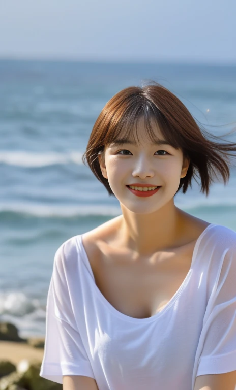 (a gorgeous korean lady, age 20s, wearing a wet oversized white high-neck t-shirt, pleated skirt, posing naturally at a windy beach, (beach by the sea:1.2),

 Joyful expression, kind smile, dimpled cheeks, short ponytail, short bob hair, cute snaggleteeth,...