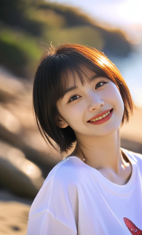 (a gorgeous korean lady, age 20s, wearing a wet oversized white high-neck t-shirt, pleated skirt, posing naturally at a windy beach, (beach by the sea:1.2),

 Joyful expression, kind smile, dimpled cheeks, short ponytail, short bob hair, cute snaggleteeth,...