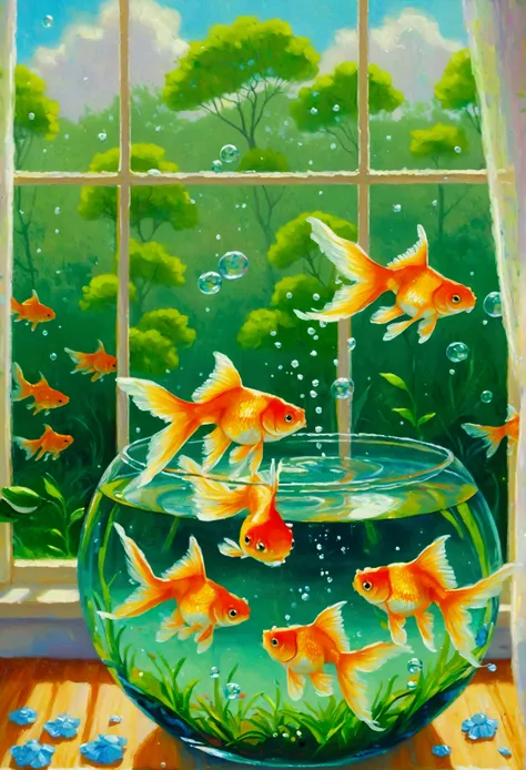 there are many goldfish swimming in a bowl in front of a window, floating goldfish, fish floating in bedroom, goldfish, fish, al...