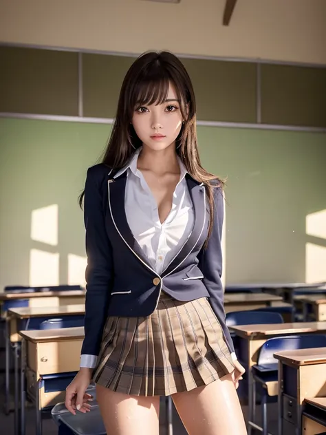 masterpiece,Highest quality,1 girl,Cowboy Shot,Front view,Young and pretty girl in Japan,Daytime, ((High school classroom:1.5)),((locker room:1.2)),((Schoolyard:1.2)),Schoolgirl uniform,blazer,wear,wear a super short blue plaid pleated micro mini skirt,No ...