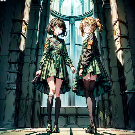 1girl、(((Highest quality、Masterpiece、Official Art、Super detailed、Golden Ratio、Anime Style、The best dynamic composition)))、Keyakizaka46、Silent Majority、Dark green dress、A-type dress、Above the knee、Black knee-high socks、Black Loafers、uniform、