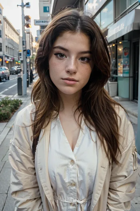 close front facing photograph of hnnhxl, portrait photography, soft light, afternoon, busy street, RAW format high quality photograph, wearing jacket, (freckles:0.7), Fujifilm X-E4, Fuji 75mm f1.2 lens, 