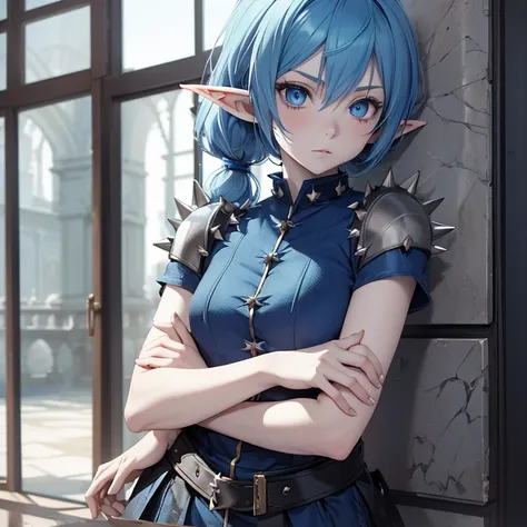 Absurdres, masterpiece, highest quality, very detailed features and textures, alone solo character, anime style, fantasy genre
{{(14 years old blue haired elf girl: (pale skin, short messy spiky blue Hex #0F52BA hair, heterochromatic eyes, very thin lips, ...