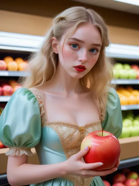 brightly-lit supermarket, a young woman is holding a strange and unusually large glowing apple, wrapped in a translucent film, a...