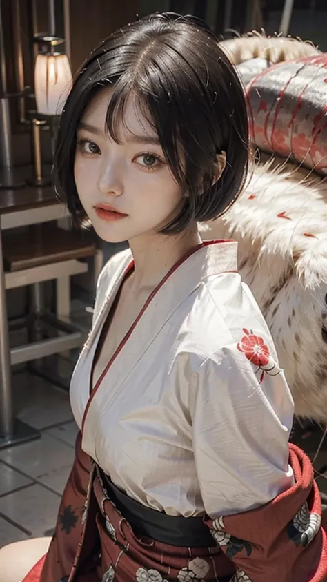 Black hair bob cut, red kimono with Japanese pattern, riding an ostrich, goddess, radish missile