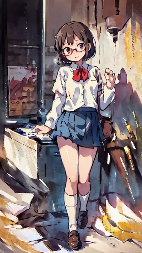 Nsfw、masterpiece, high quality, 4K, HDR,, Stable Diffusion prompt:  schoolgirl with short、brown hair and red-framed glasses, wearing a white blouse and navy skirt, white panties visible, navy socks and brown loafers, in a state of arousal and trembling wit...