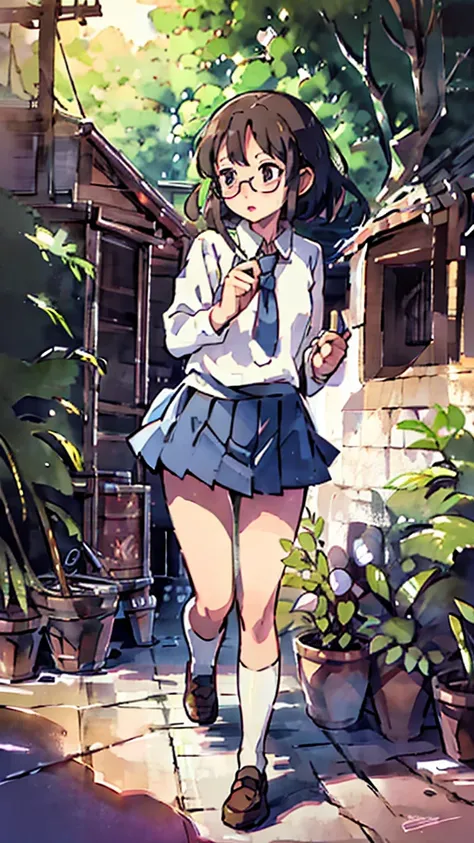 Nsfw、masterpiece, high quality, 4K, HDR,, Stable Diffusion prompt:  schoolgirl with short、brown hair and red-framed glasses, wearing a white blouse and navy skirt, white panties visible, navy socks and brown loafers, in a state of arousal and trembling wit...