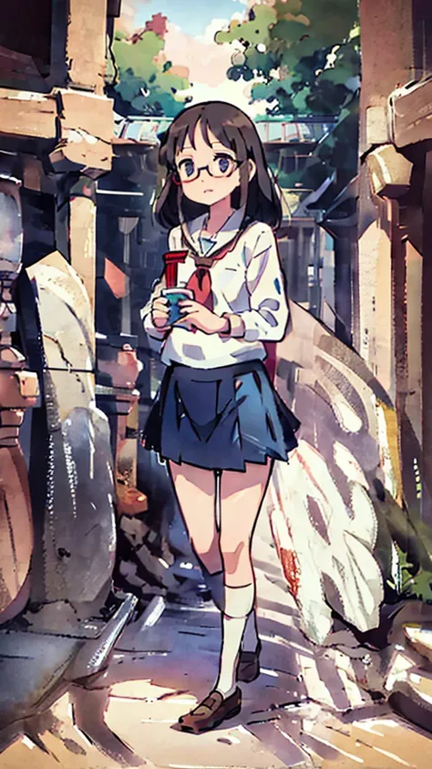 A  schoolgirl with short brown hair and red-framed glasses, wearing a white blouse and navy skirt, white panties visible, navy socks and brown loafers, in a state of arousal and trembling with sexual climax, simple illustration style, in a nichijou (everyd...