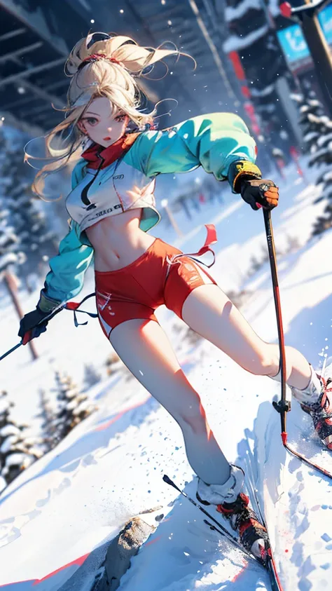 dynamic poses, full body image, super wide angle, a girl wearing fluorescent red clothes skiing in the snow, meticulous attentio...