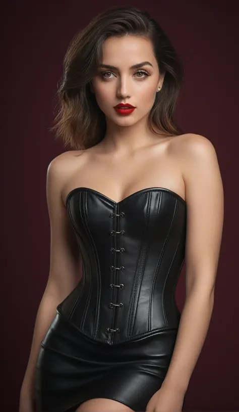 (best quality,4k,8k,highres,masterpiece:1.2),ultra-detailed,(realistic,photorealistic,photo-realistic:1.37),beautiful eyes,beautiful lips,detailed face,red lipstick,gorgeous woman, sexy black leather dress, sexy elegant fashion model, sexy elegant look,lon...