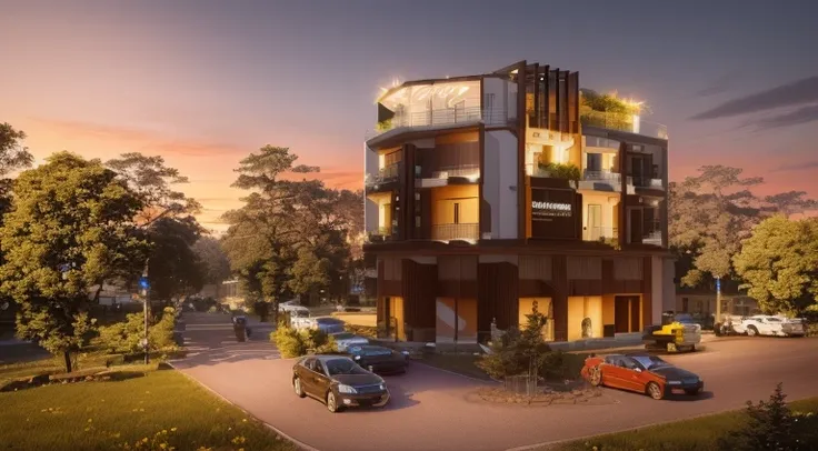 rendu d&#39;un immeuble à plusieurs étages avec un parking et un parking, vue médiane, rendu élevé, rendu architectural 3D, vue 3d render, rendu d&#39;architecture, rendu architectural, rendu lumineux, schéma jaune et vert, rendu final 3D, rendu final 3D, ...