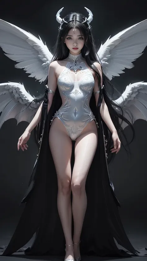 emphasis on wings, wings on shoulder, angel wings and devil wings, white wings and black wings, (realistic picture, highest reso...