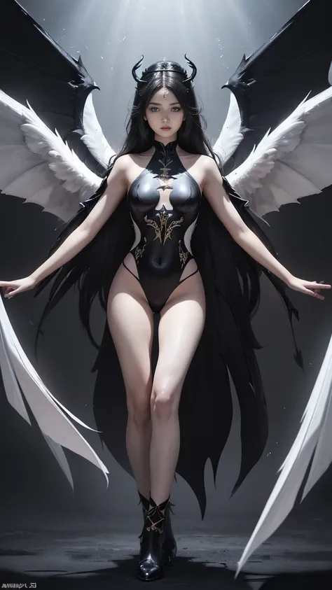 emphasis on wings, wings on shoulder, angel wings and devil wings, white wings and black wings, (realistic picture, highest reso...