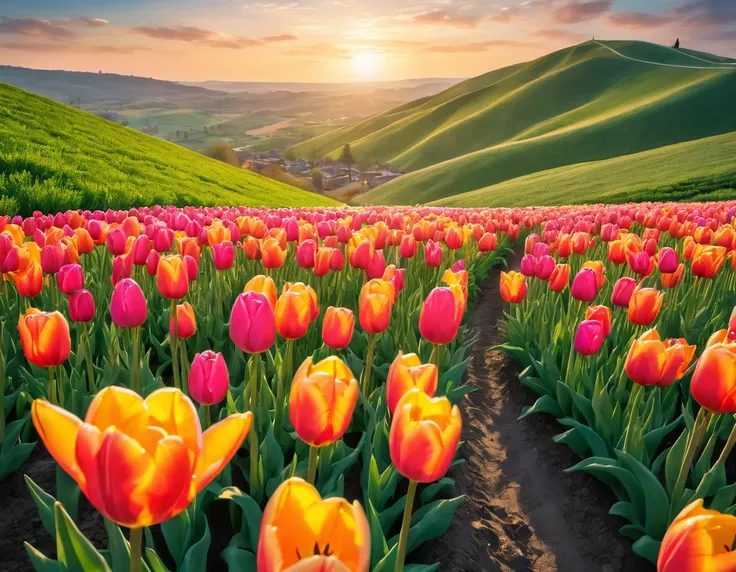 a field of vibrant tulips, beautiful detailed flowers, intricate petals, lush green leaves, rolling hills, golden sunset lightin...