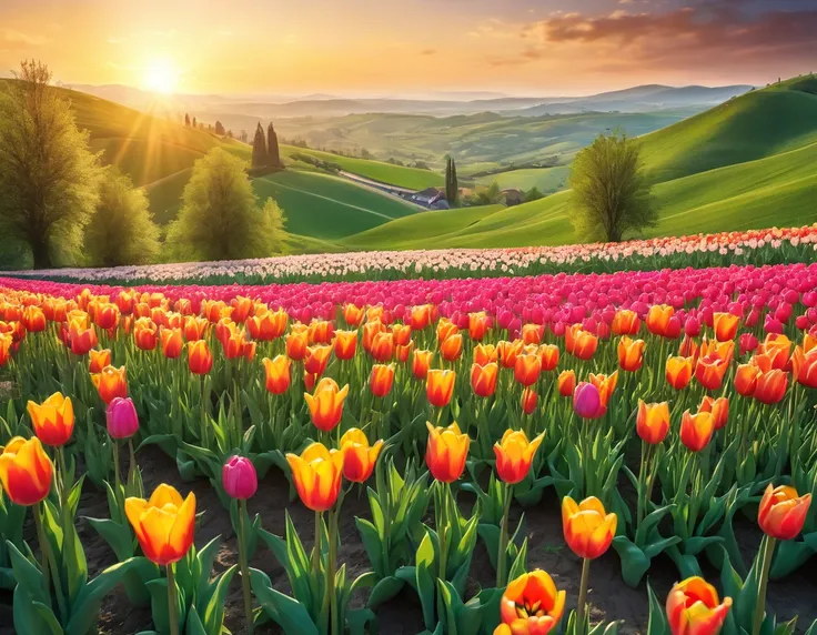 a field of vibrant tulips, beautiful detailed flowers, intricate petals, lush green leaves, rolling hills, golden sunset lightin...