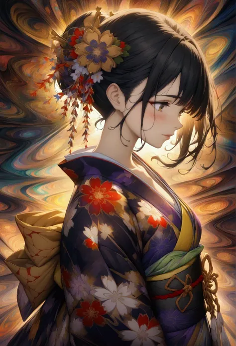 (masterpiece, Highest quality, Highest quality, Official Art, beautifully、aesthetic:1.2), (One girl:1.3), Very detailed,(Fractal Art:1.1), Most detailed,(Tangled:1.2),  (Abstract background:1.5), (Japanese Kimono:1.8), (Glowing Skin),   (Black Hair:1.5), 