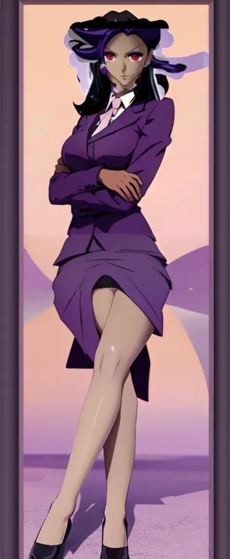 Evil black skinned business woman in a long purple skirt suit sitting on a chair with her legs crossed showing under her skirt anime