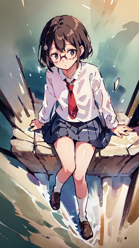 Nsfw、masterpiece, high quality, 4K, HDR,, Stable Diffusion prompt:  schoolgirl with short、brown hair and red-framed glasses, wearing a white blouse and navy skirt, white panties visible, navy socks and brown loafers, in a state of arousal and trembling wit...