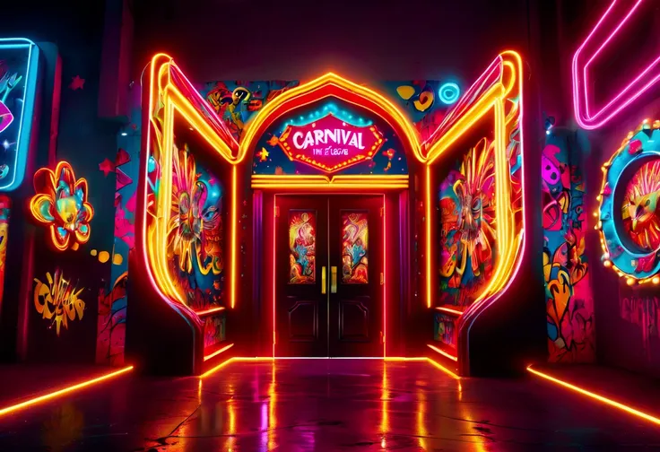 Vibrant neon art style with a carnival funhouse theme, featuring a bold Carnival Funhouse, the door masterfully intertwines vibrant graffiti art, Emblazoned in 3D, metallic, graffiti-style, adorned with intricate, swirling patterns, with a predominantly da...