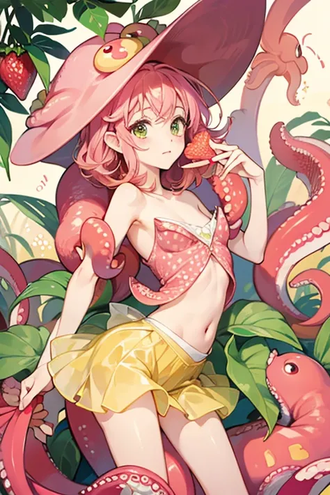 Tickles is a girl octopus that resembles a strawberry. It has a pink-red body covered with yellow seed-shaped spots. Its tentacles are pastel green, appearing to be strawberry leaves. SPARKLE; GLITTER