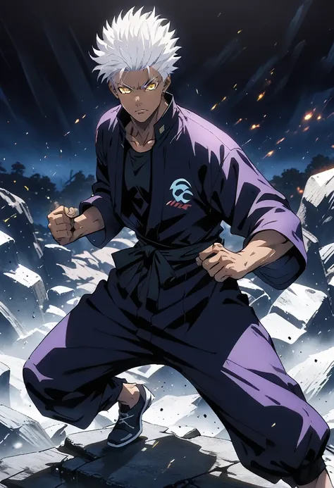 a guy in a dynamic fighting stance, 1 guy, dark skin, morioh background, super power, snow white hair, spikey hair, short hair, ...