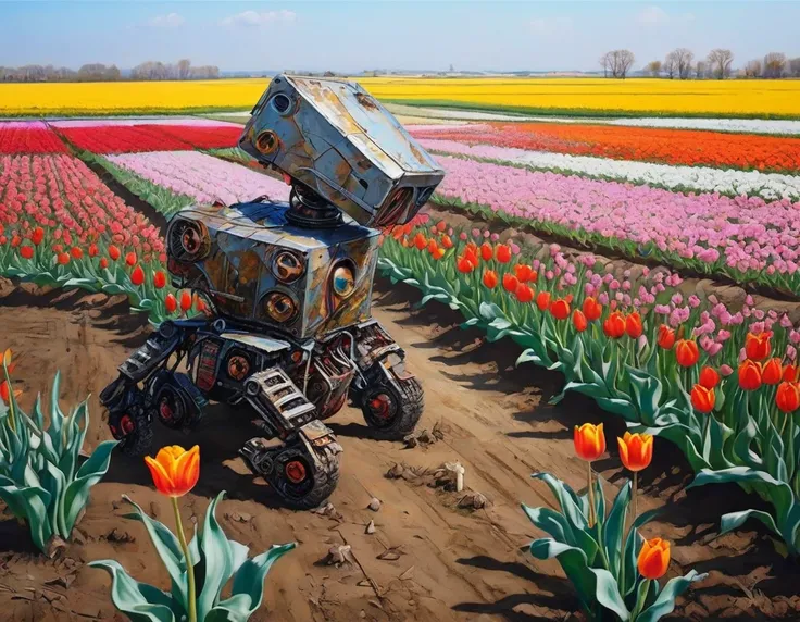 masterpiece, highest quality, ((beautiful and detailed))、decayed robot and tulip fields、