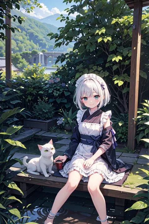 anime style, super fine illustration, highly detailed, dynamic angle, beautiful detailed, 8k, Summer afternoon in the garden, BREAK a girl present  green tea of japan for viewer with smile.BREAK A rainbow appears in the sky.BREAK maid,white cat years,girl,...