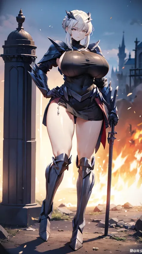 adult female with white hair and big breasts，slim figure，queen，black knight armor，iron skirt，bare legs，iron boots，standing，castl...